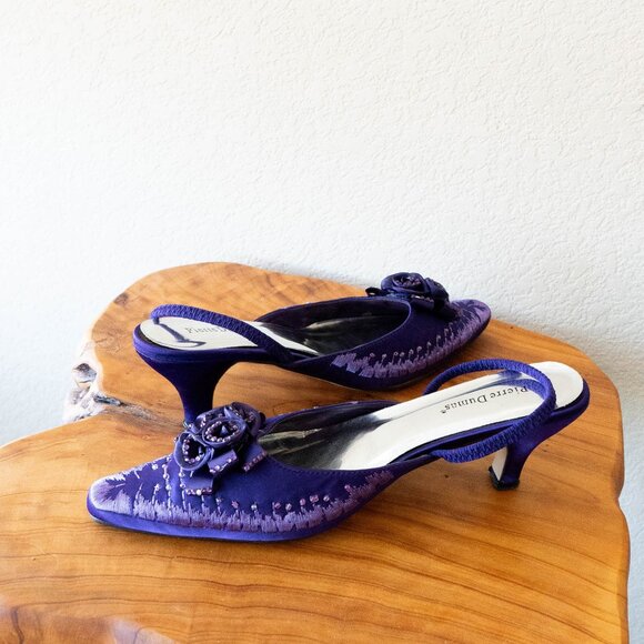 Pierre Dumas Purple Slingback Kitten Heels Size 11 Beaded Floral Cocktail Shoes - Picture 7 of 9
